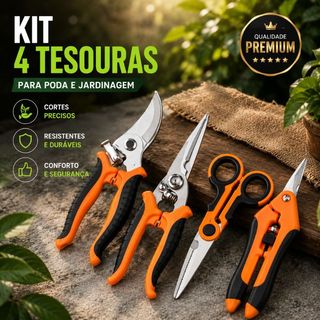 Kit Tesoura Jardinagem 3 ou 4 Peças Poda Colheita Plantas Flores Bonsai Galhos Aço Inox