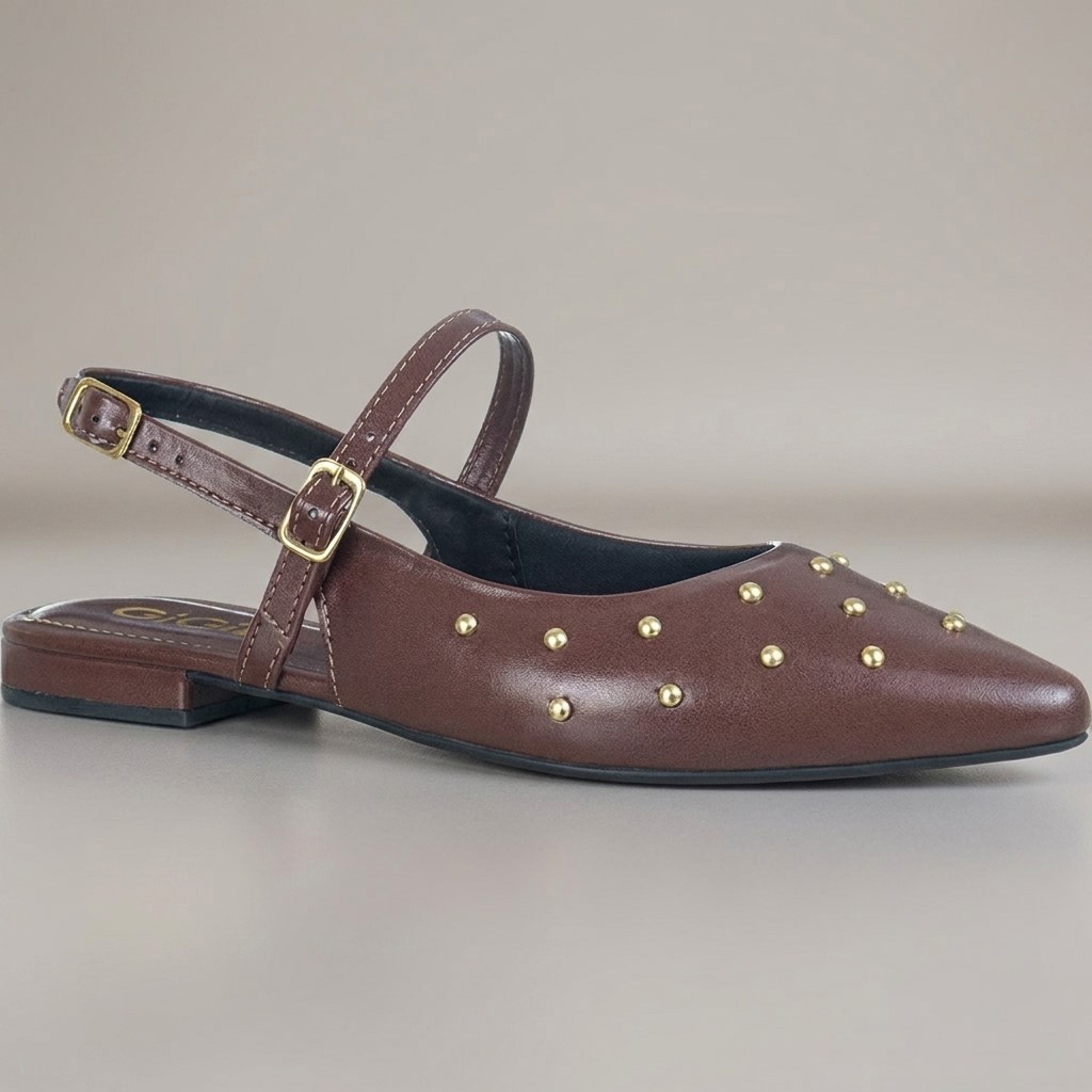 Sapatilha Feminina Slingback Bico Fino Com Tachas Douradas e Fivela Ajuste Seguro Confortável Vivi GiGiL