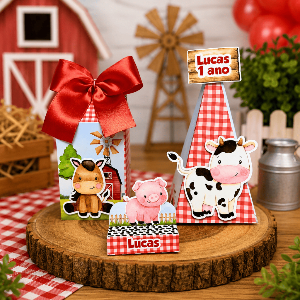 Kit Festa - Lembrancinhas Personalizadas Fazendinha Vermelha - Caixinhas Personalizadas - Papelaria Personalizada