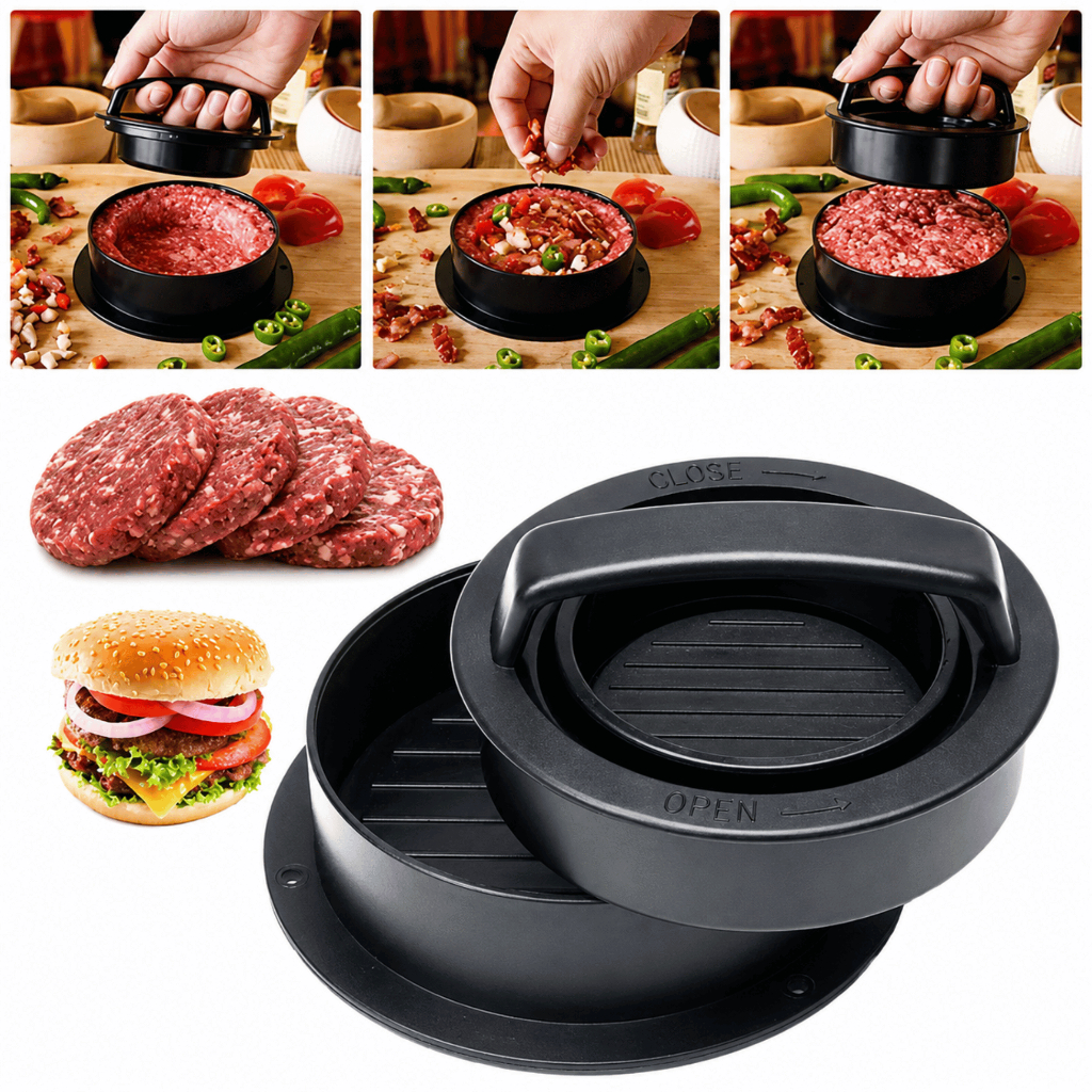 Forma Prensa Hamburguer Artesanal Modelador 3x1 Mini e Grande Burger 5 Peças Profissional