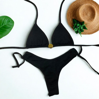 Conjunto biquini asa delta cortininha caribe texturado premium com bojo e fivela