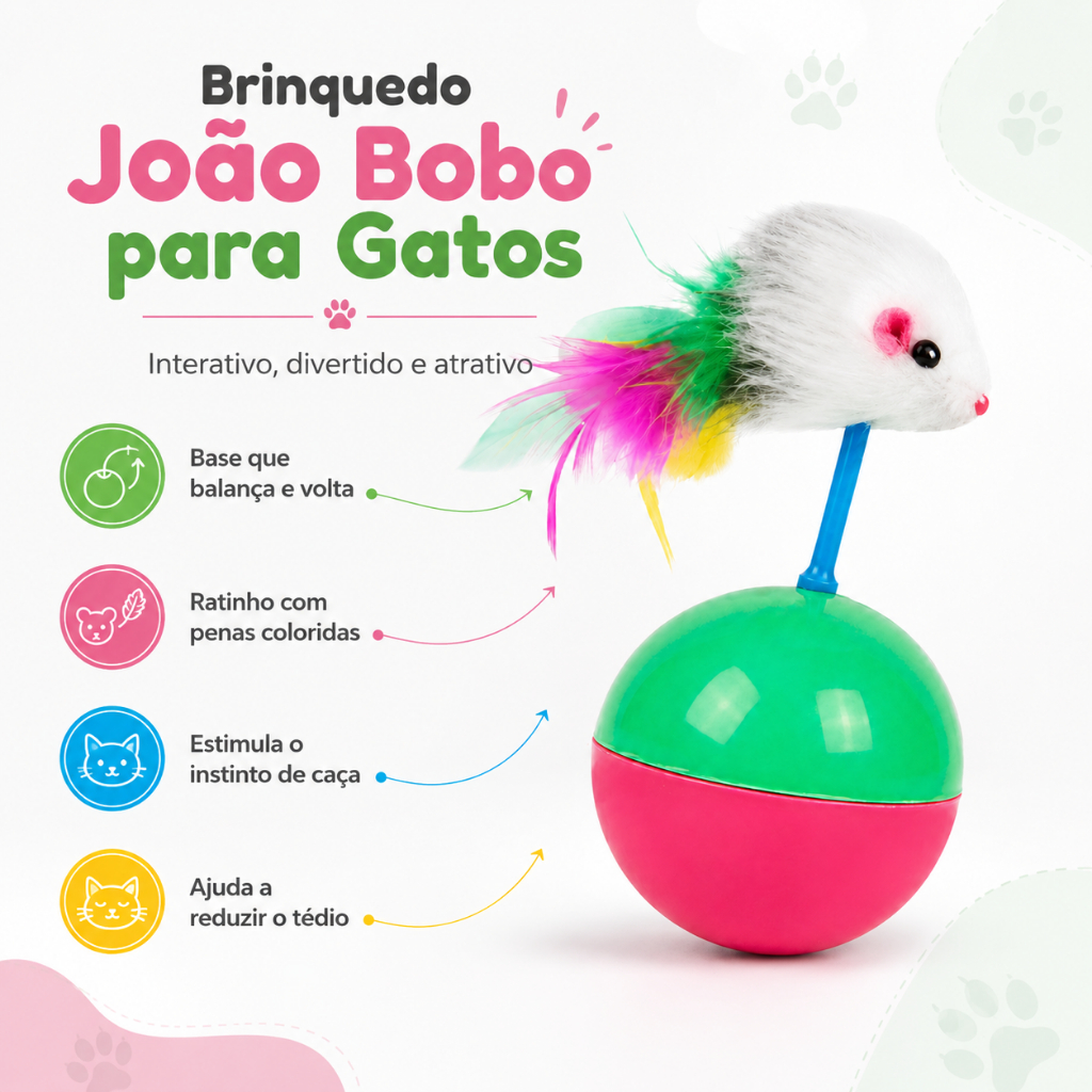 Brinquedo João Bobo para Gatos com Ratinho e Penas Interativo Pet Colorido Diversão Estímulo Felino