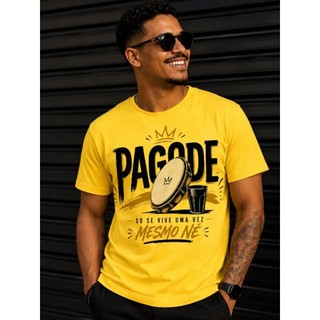Camiseta Pagode Masculina 100% algodão Só Se Vive Uma Vez Mesmo Né Estampa Pandeiro Samba Música Brasileira Premium
