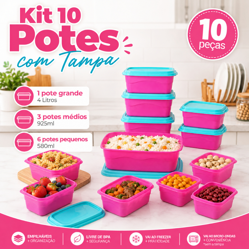 Kit 10 Potes com Tampa para Cozinha | 1 Pote 4L + 3 Potes 925ml + 6 Potes 580ml | Organização e Mantimentos