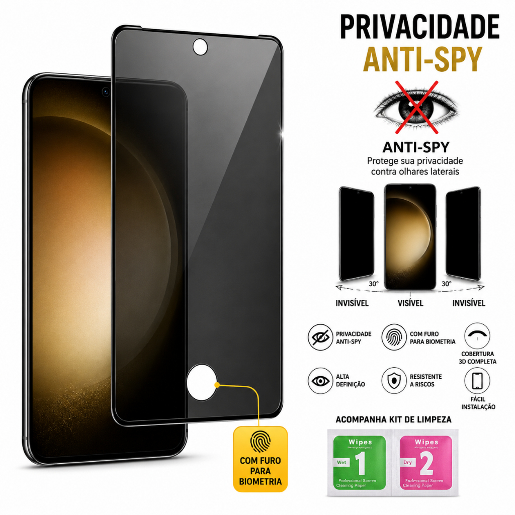 Película de Vidro 3D Privacidade Anti Spy com Furo para Samsung Galaxy S20 S21 S22 S23 S24 S25 S26 Plus FE Ultra