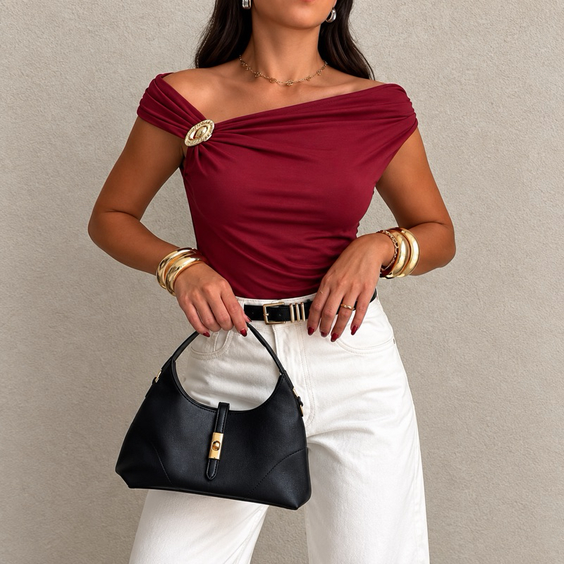 Blusa Feminina Elegante Suplex Premium Fivela Dourada Casual Trabalho Social Verão Moderna Elegante Blogueira