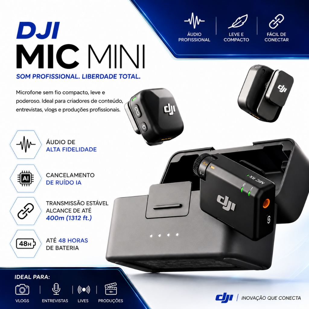 Microfone de Lapela DJI Mic Mini Sem Fio 2TX + 1RX Estojo de Carregamento