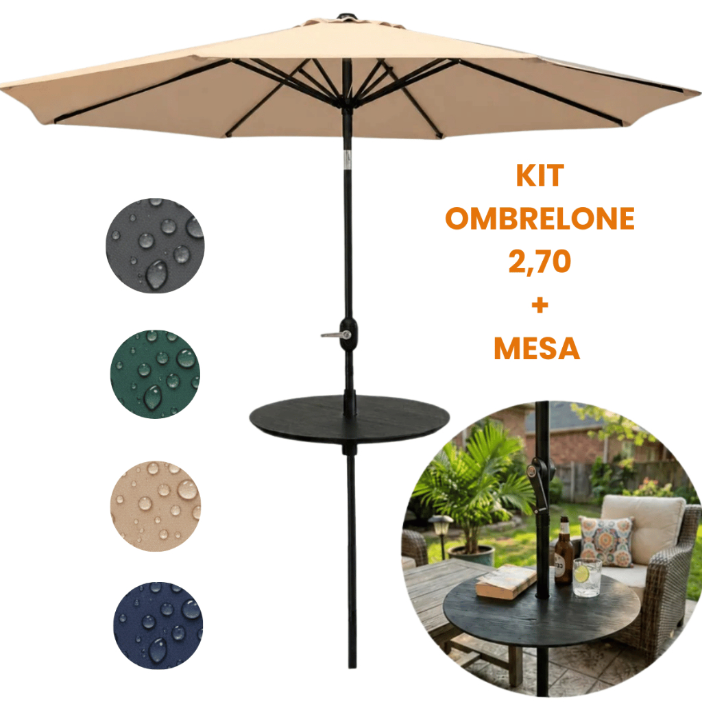 Kit Ombrelone 2,70m Central Mesa Para Praia Jardim Bege