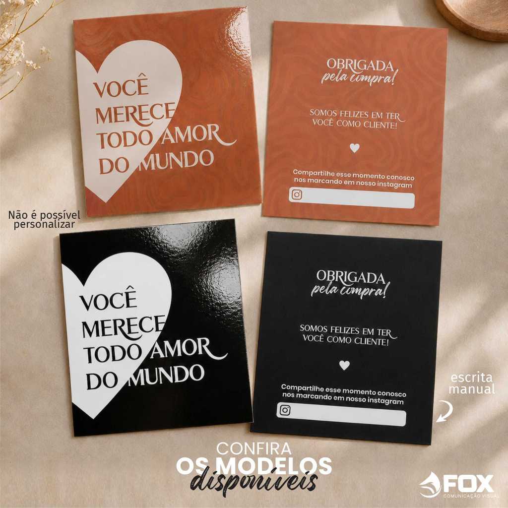 Cartão de Agradecimento Padrão - Frases - Frente e verso - 50, 100 ou 200 unidades
