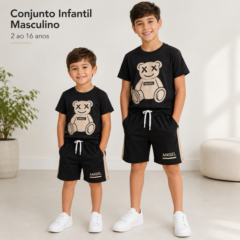 Conjunto masculino infantil bermuda e camisa de menino estiloso veste do 2 ao 16