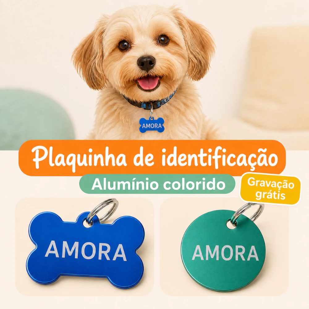 Plaquinha de Identificação Pet Personalizada Cachorro / Gato Gravada a Laser MDF e Metal