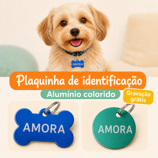 Plaquinha de Identificação Pet Personalizada Cachorro / Gato Gravada a Laser MDF e Metal