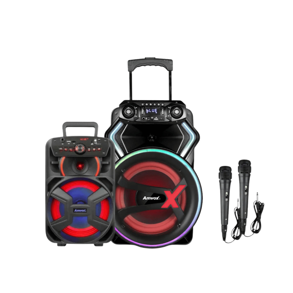 Amvox Caixa Som Amplificada Karaokê ACA 181 Gigante 180w - ACA 255 Hit 250w - ACA 650 X - Bluetooth C/2  Mic C/Fio