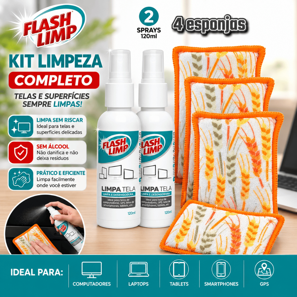 Kit 2 Limpa Telas Flash Limp Spray + 4 Esponjas Telas Sensiveis Celular Notebook Computador Tv Gps