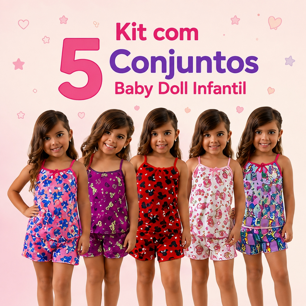 Kit 5 Pijama Infantil Criança Personagem Microfibra Soltinho Conforto Short Dool Blusa Roupa de Dormir Infantil