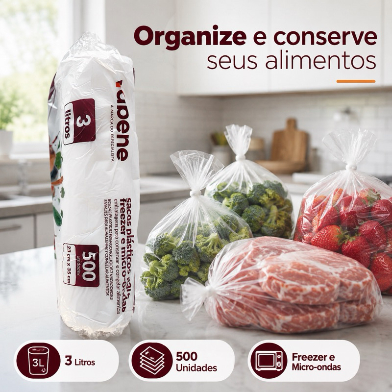 Sacos Plásticos para Freezer e Micro-ondas 3 Litros – 500 Unidades