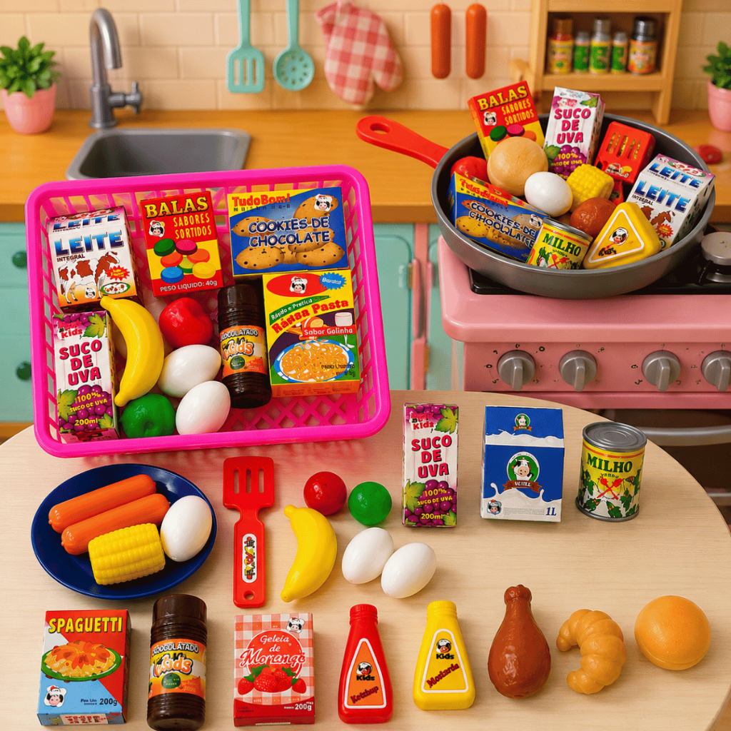 Kit Mini Mercado Mercadinho Faz de Conta Comidinhas Feirinha Brinquedo Infantil Interativo Presente Dia das Crianças