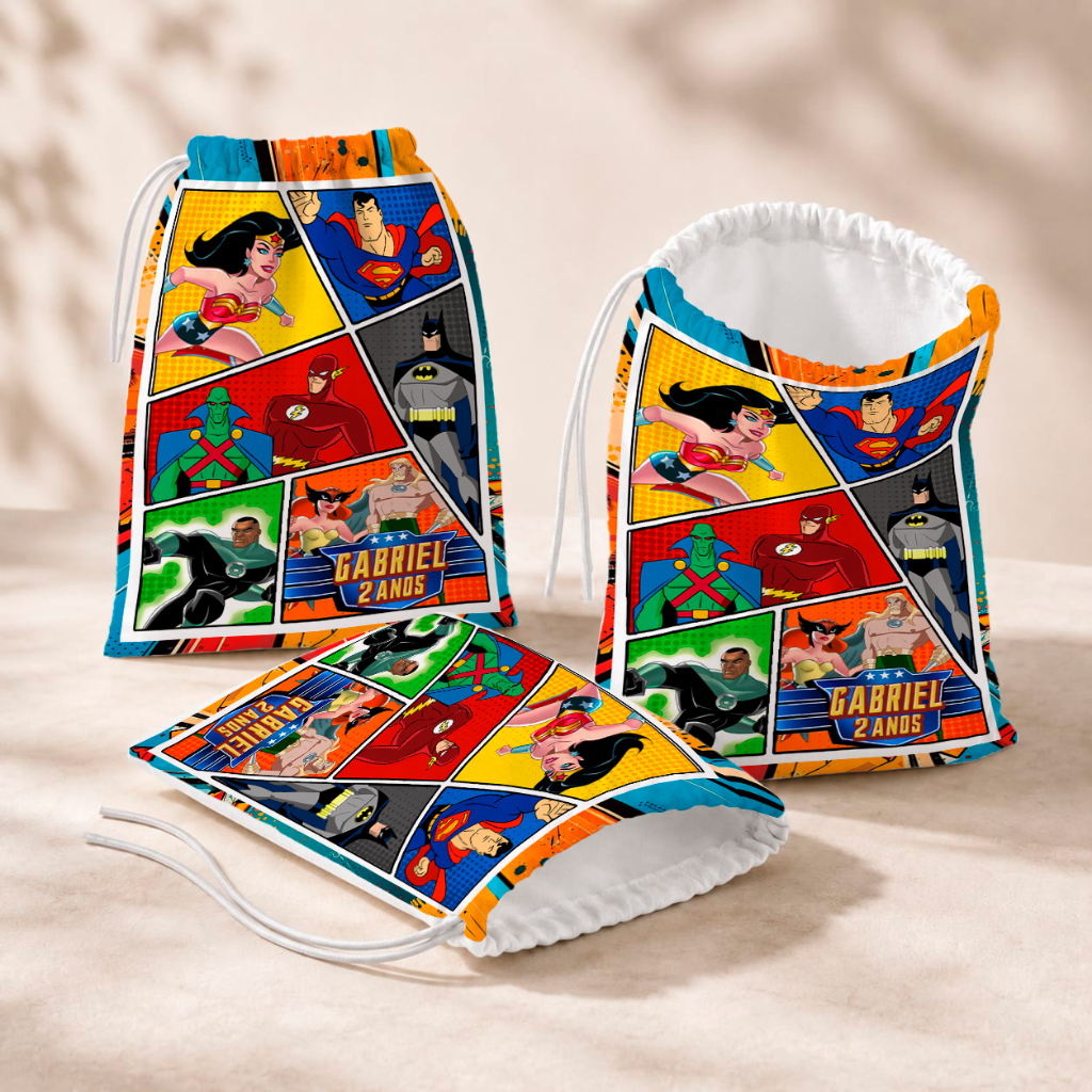 20 Sacolinhas Personalizada Festa Infantil 18x26 Aniversário Lembrancinha Liga da Justiça M2