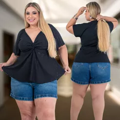 Blusa Plus Size Feminina Decote V Manga Curta com Detalhe Nó Tecido Laise