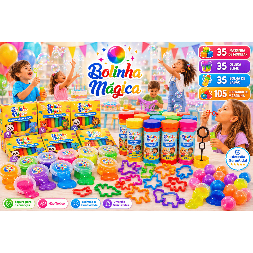 Kit 35 Slime + Massinha Modelar + Bolha Sabão + 105 Cortado de Massinha Lembrancinha dia das Criaças