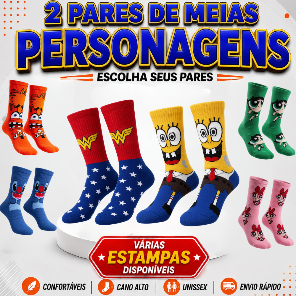 Kit 2 Pares de Meias | PERSONAGENS FAMOSOS | Unissex – Confortáveis e Estilosas para Adultos