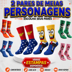 Kit 2 Pares de Meias | PERSONAGENS FAMOSOS | Unissex – Confortáveis e Estilosas para Adultos