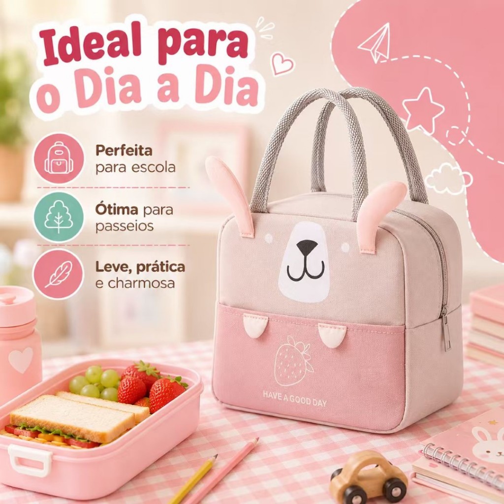 Lancheira Térmica Infantil Fofa com Alça de Mão Leve Grande Capacidade Bolsa para Escola Passeios e Lanches