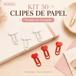 Kit 50 Clipes de Papel Nuvem ou Coração para Planner Caderno e Papelaria