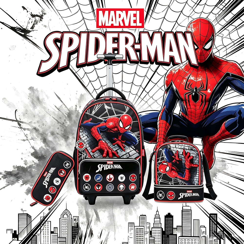 Marvel Kit Mochila Rodinha Homem‑Aranha Oficial 3 em 1 Material Resistente para Menino Infanti Spider‑Man