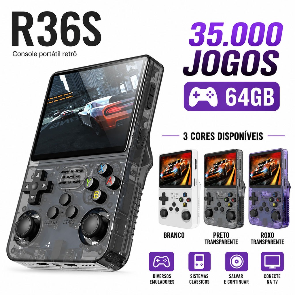Console Portátil R36S + de 25.000 Jogos Vídeo Game 64g Linux Tela IPS 3.5 Polegadas