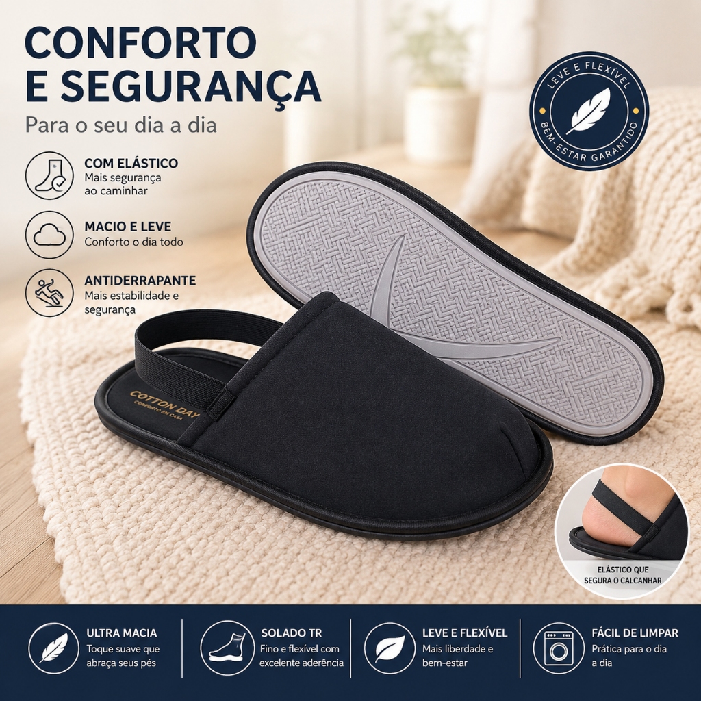 Pantufa Idosos com Elástico Antiderrapante Chinelo Anatômico Confortável e Macio