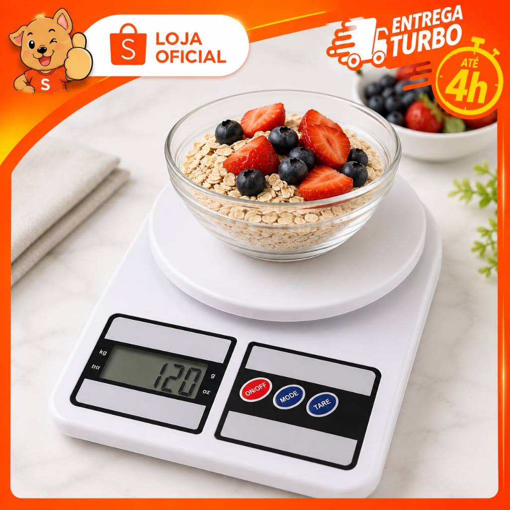 Balança Digital de Alta Precisão de Cozinha até 10Kg com Função Tara Visor LCD Display Iluminado