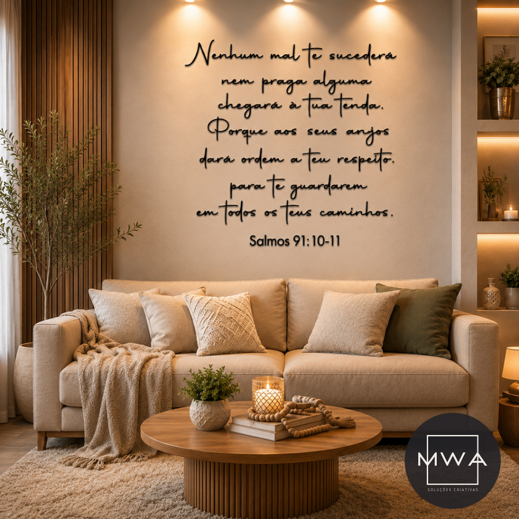 Versículo Letreiro Salmos 91:10-11 Mdf Decorativo Frase Parede Religiosa Decoração Bíblico Cristão