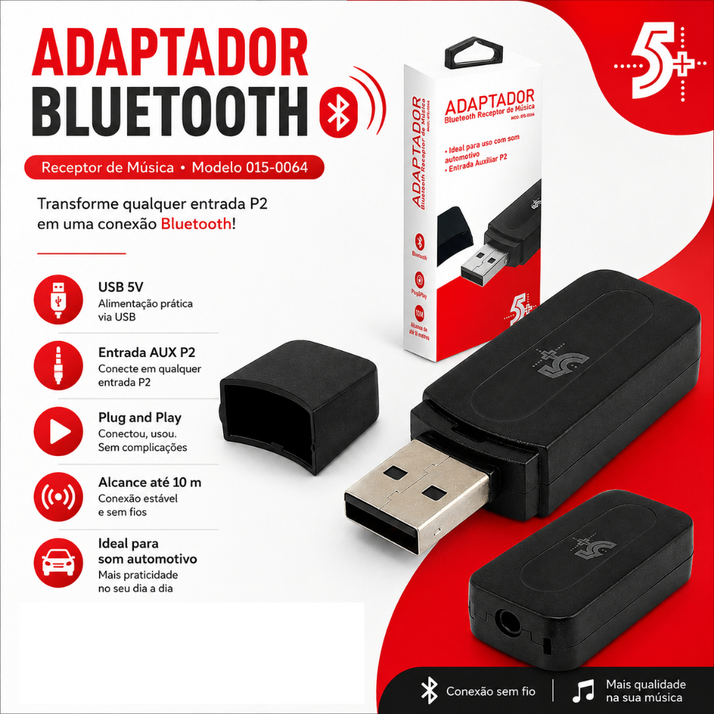 Adaptador Bluetooth Receptor Áudio USB P2 AUX Som Automotivo Caixa Celular 5+ 015-0064 Com Cabo Auxiliar