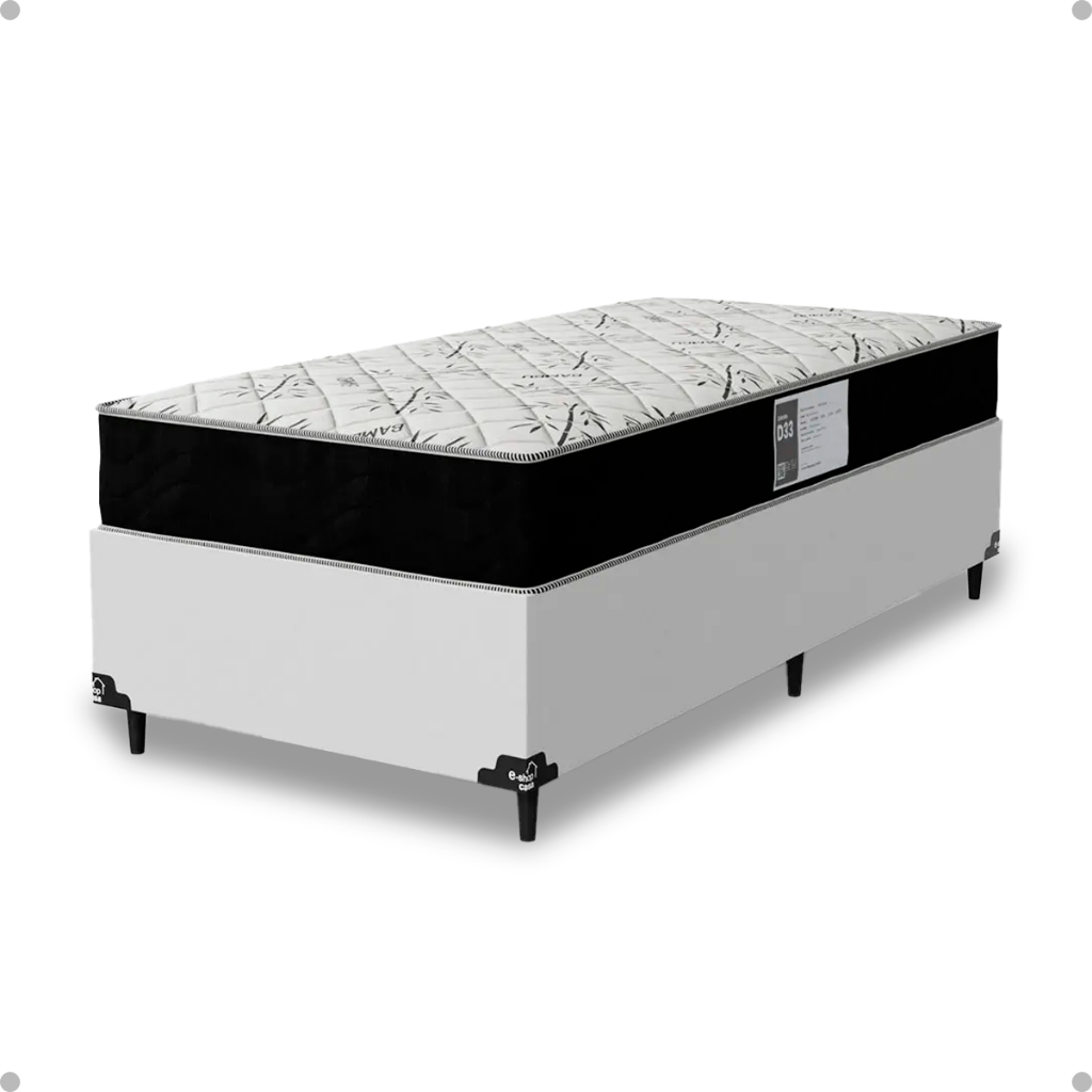 Cama Box Solteiro Couro Branco + Colchão D33 One Face Suede Preto - e-Shop Casa