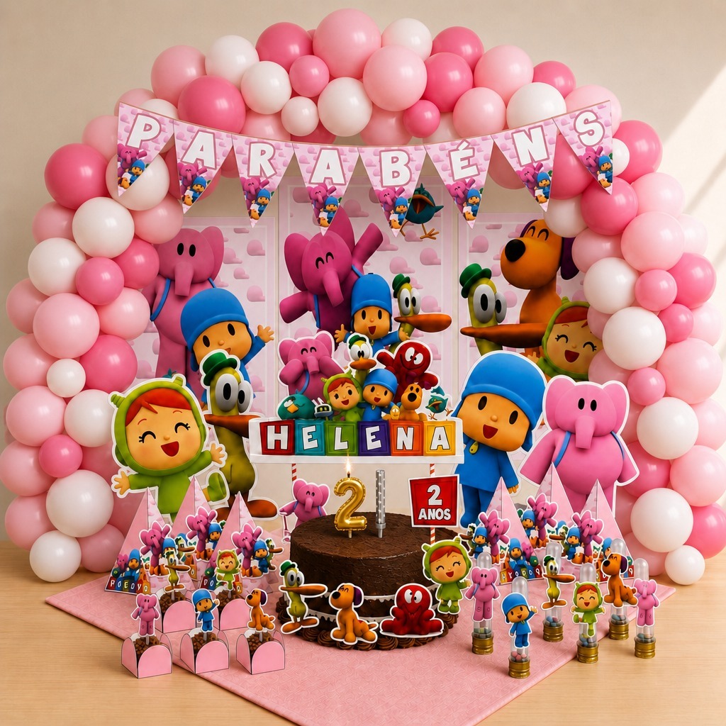 Kit Festa Mesversário Pocyo ROSA Personalizado 78 Itens Decoração Completa Menina Bebê Lembrancinhas