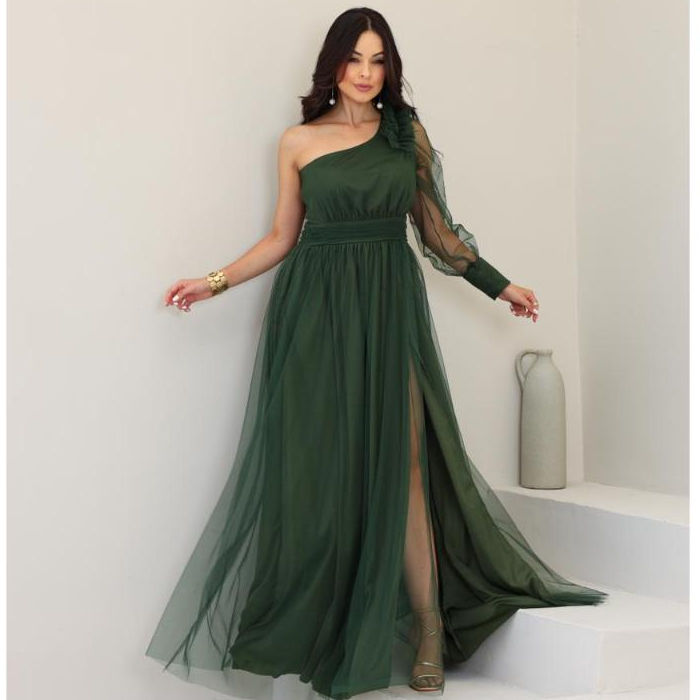 Vestido Longo Festa Madrinha Tule Um Ombro Elegante Casamento Formatura