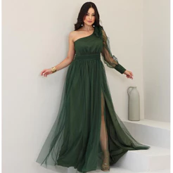 Vestido Longo Festa Madrinha Tule Um Ombro Elegante Casamento Formatura
