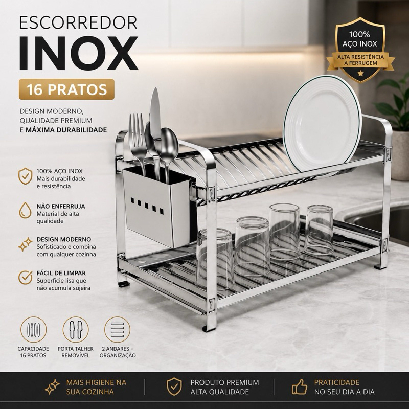 Escorredor de Pratos Inox Reforçado 16 Pratos com Porta Talheres Premium Cozinha Organização
