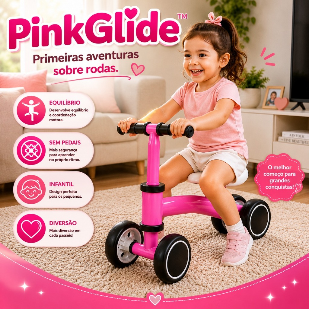 Bicicleta Infantil de Equilíbrio Rosa Sem Pedal para Crianças Brinquedo de Coordenação e Desenvolvimento