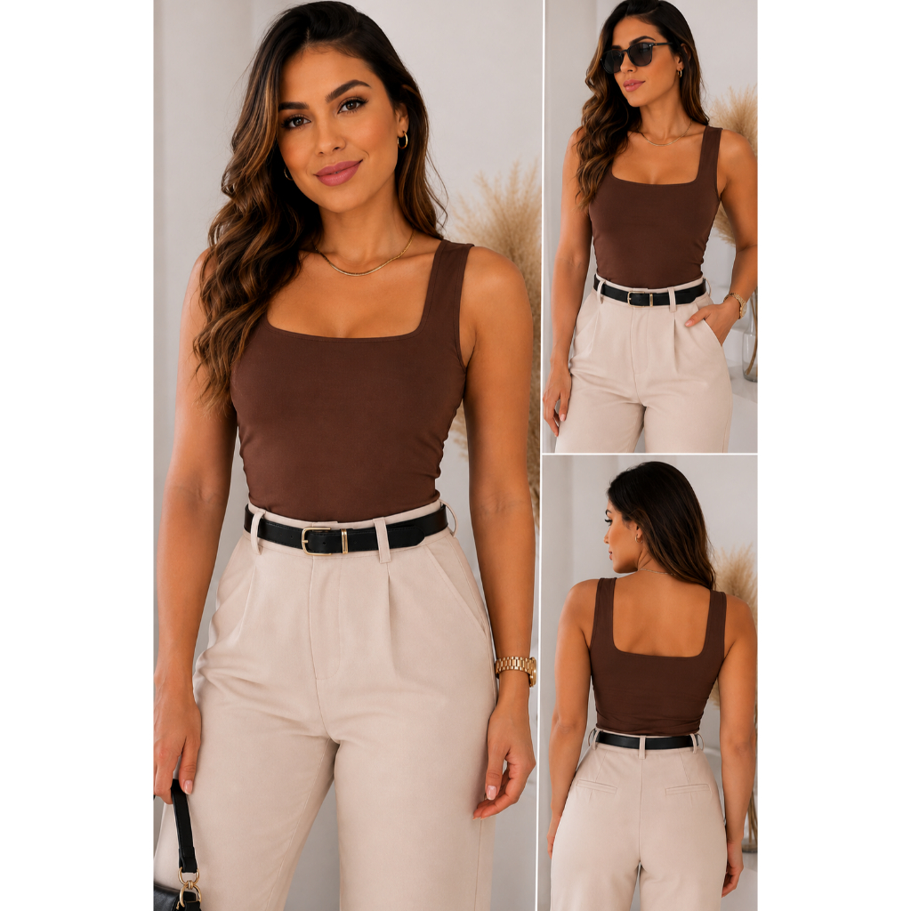 Regata blusa Feminina Decote Quadrado Poliamida Premium Elegante Com Forro Frente e Costas