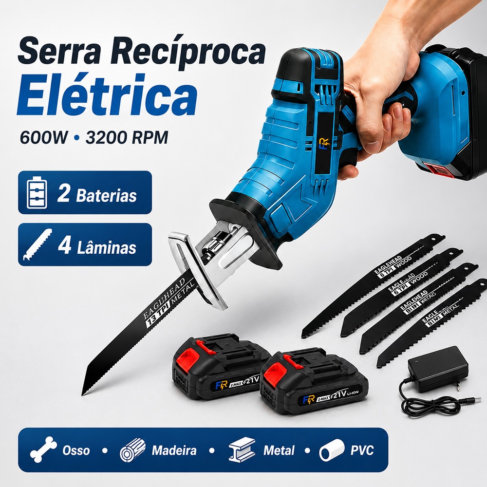 Serra Recíproca Elétrica Sem Fio Portátil Profissional 600W 3200 RPM + 2 Baterias + 4 Lâminas