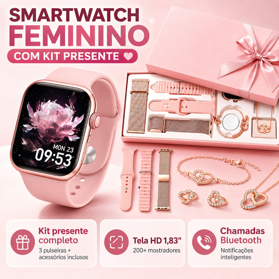 Kit Presente Smartwatch Feminino A11 Mini Personalizar Foto Tela HD 1.83 Compatível iOS Android