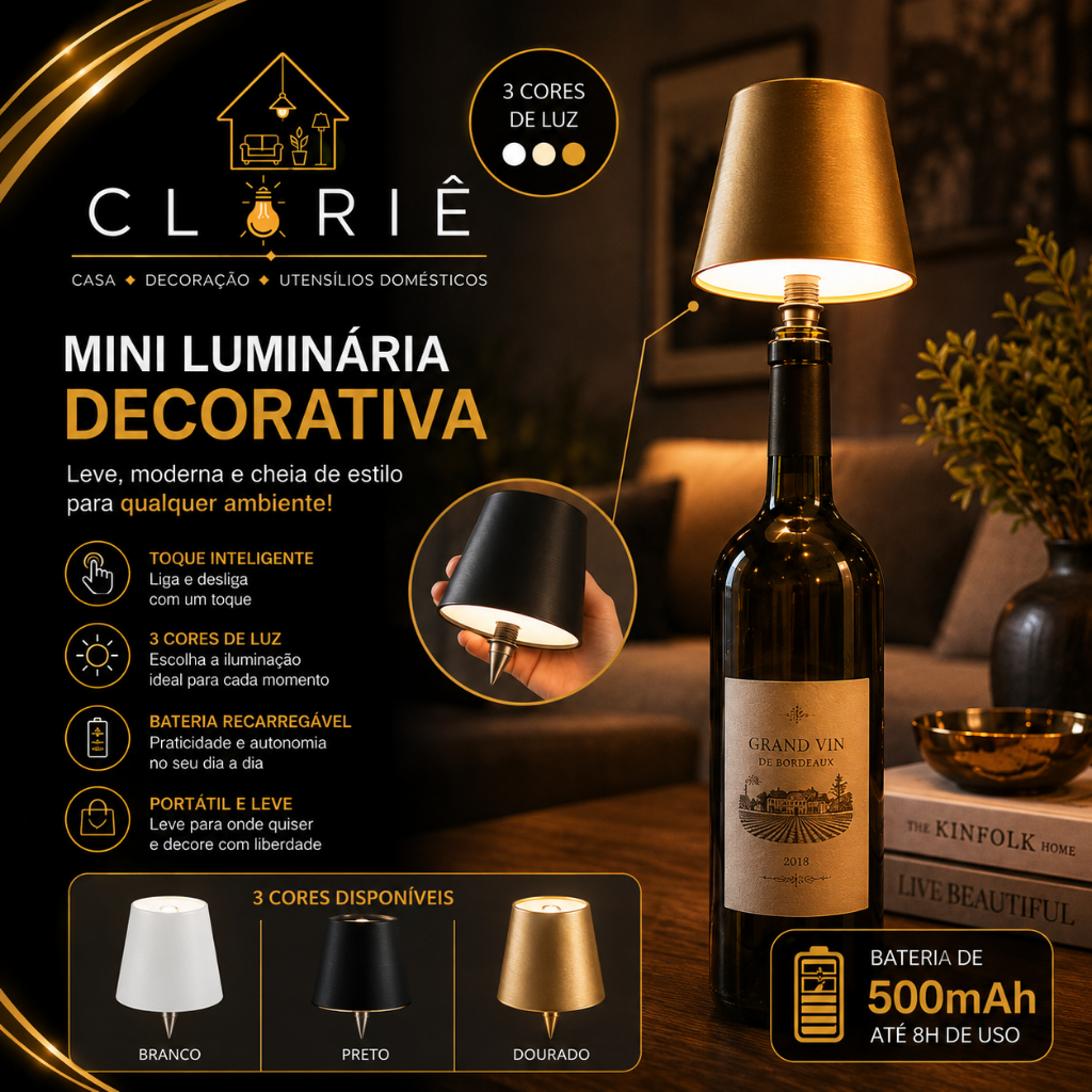 Abajur Portátil LED com Bico para Garrafa Luminária Recarregável USB, Toque Touch, Decorativa para Mesa e Bar