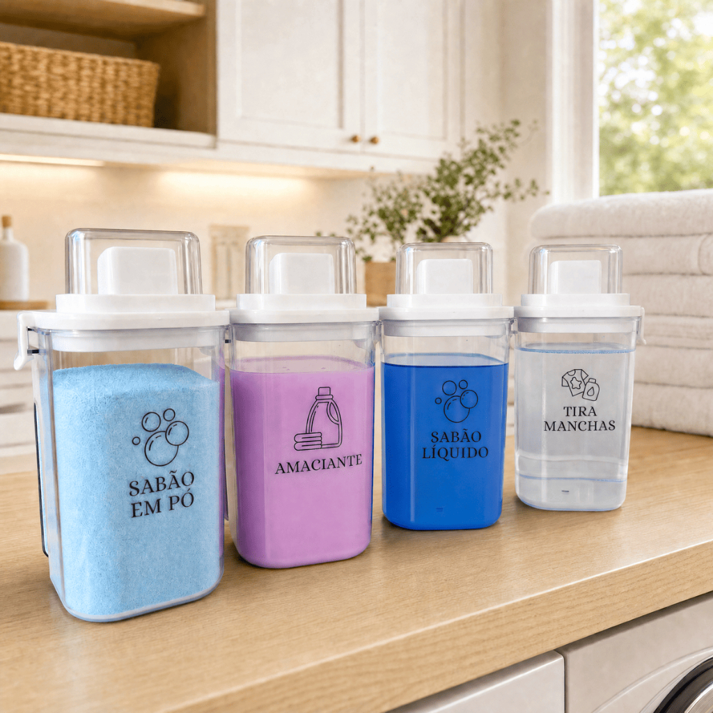 Dispensers Lavanderia Organizador Sabão Líquido c/ Etiquetas Porta Sabão em Pó Amaciante Hermético Lavanderia Organizada