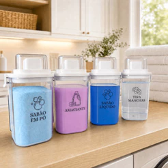 Dispensers Lavanderia Organizador Sabão Líquido c/ Etiquetas Porta Sabão em Pó Amaciante Hermético Lavanderia Organizada