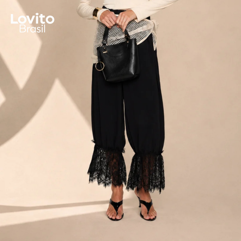 Lovito Calça Elegante com Barra em Renda BRPTB19441974