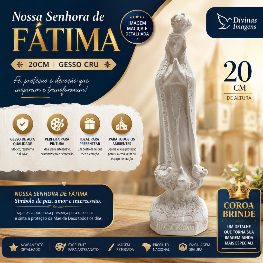 Nossa Senhora de Fátima 20cm Gesso Cru – Rainha do Santo Rosário Arte Sacra Católica