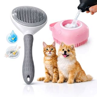Kit Escova Rasqueadeira Automática Tira Pelo + Lava Pelo Banho Silicone Dispenser Shampoo Cães Gatos