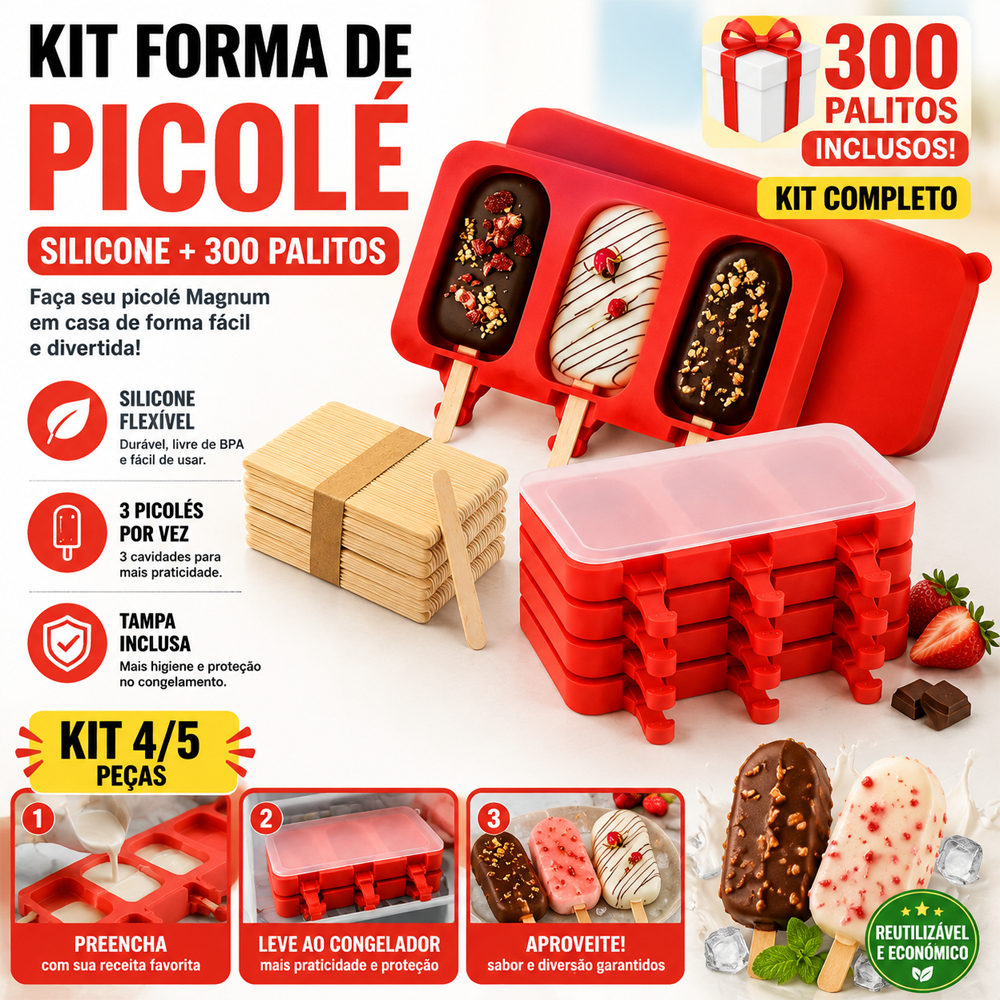 Kit 4/5 Formas de Picolé Magnum Silicone 3 Cavidades com Tampa + 300 Palitos